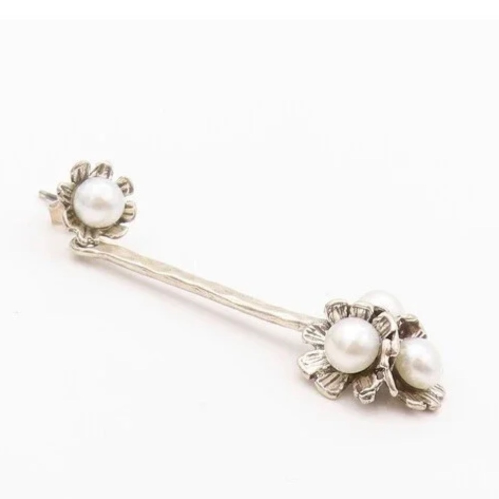 Noa Zuman Hammered Sterling silver Art deco Pearl Flower Drop Dangle earrings